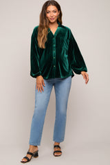 Hunter Green Velvet Button Front Collared Maternity Blouse