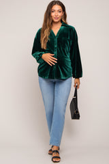 Hunter Green Velvet Button Front Collared Maternity Blouse