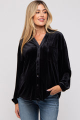 Black Velvet Button Front Collared Maternity Blouse