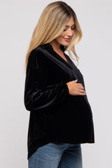 Black Velvet Button Front Collared Maternity Blouse