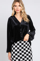 Black Velvet Button Front Collared Blouse