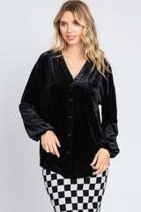 Black Velvet Button Front Collared Blouse