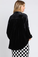 Black Velvet Button Front Collared Blouse