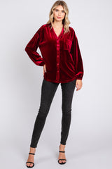 Burgundy Velvet Button Fron Collared Blouse