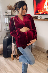 Burgundy Velvet Button Front Collared Maternity Blouse