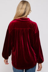 Burgundy Velvet Button Front Collared Maternity Blouse