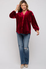 Burgundy Velvet Button Front Collared Maternity Blouse