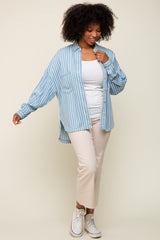 Light Blue Striped Front Pocket Button Up Top