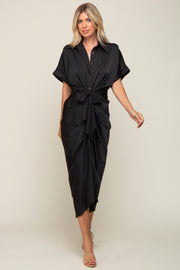 Black Satin Button Down Gathered Midi Dress