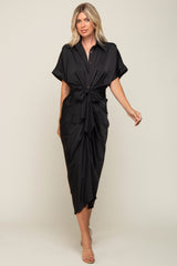 Black Satin Button Down Gathered Maternity Midi Dress