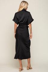 Black Satin Button Down Gathered Midi Dress