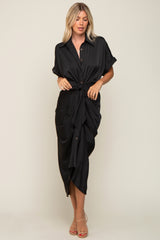 Black Satin Button Down Gathered Midi Dress