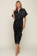 Black Satin Button Down Gathered Midi Dress