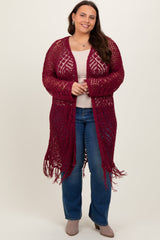 Burgundy Crochet Fringe Hem Plus Cardigan