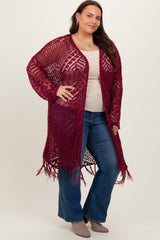 Burgundy Crochet Fringe Hem Plus Cardigan