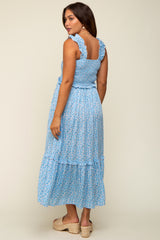 Light Blue Floral Sleeveless Smocked Ruffle Maternity Midi Dress