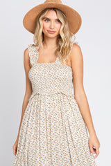 Cream Floral Sleeveless Smocked Ruffle Midi Dress