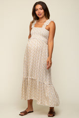 Cream Floral Sleeveless Smocked Ruffle Maternity Midi Dress