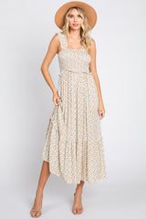 Cream Floral Sleeveless Smocked Ruffle Midi Dress