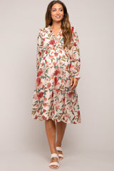 Ivory Floral Ruffle V-Neck Maternity Dress