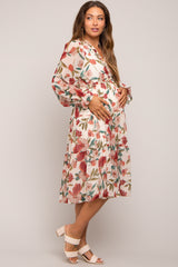 Ivory Floral Ruffle V-Neck Maternity Dress