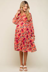 Mauve Floral Ruffle V-Neck Maternity Dress