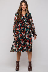 Black Floral Ruffle V-Neck Maternity Dress