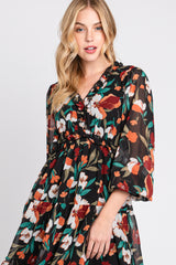 Black Floral Ruffle V-Neck Dress