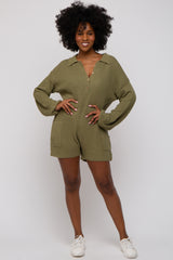 Olive Button Up Sweater Romper