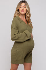 Olive Button Up Maternity Sweater Romper