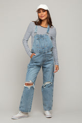 Light Wash Distressed Maternity Overalls