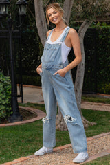 Light Wash Distressed Maternity Overalls