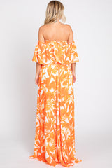 Orange Floral Off Shoulder Flounce Maxi Dress