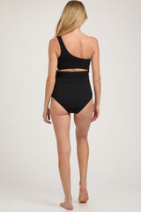 Black Asymmetrical One Shoulder Side Cutout One-Piece Maternity Swimsuit