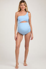 Light Blue Asymmetrical One Shoulder Side Cutout One-Piece Maternity Swimsuit