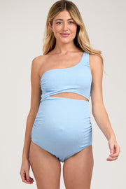 Light Blue Asymmetrical One Shoulder Side Cutout One-Piece Maternity Swimsuit