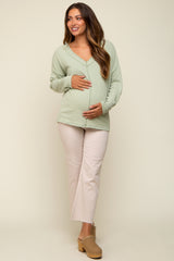 Light Olive Ribbed V-Neck Long Sleeve Maternity Top