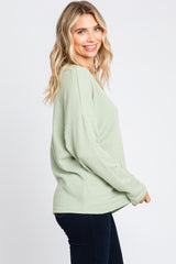 Light Olive Ribbed V-Neck Long Sleeve Top