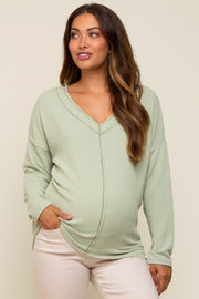 Light Olive Ribbed V-Neck Long Sleeve Maternity Top