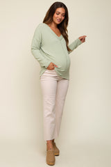 Light Olive Ribbed V-Neck Long Sleeve Maternity Top