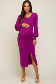 Purple Side Slit Sweater Knit Maternity Midi Dress