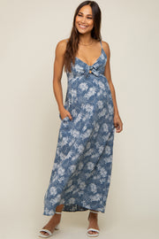 Blue Leaf Print Front Tie Maternity Maxi Dress