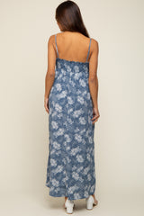 Blue Leaf Print Front Tie Maternity Maxi Dress