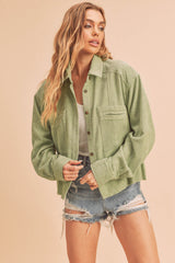 Green Corduroy Raw Hem Maternity Shacket