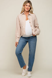 Beige Corduroy Raw Hem Maternity Shacket