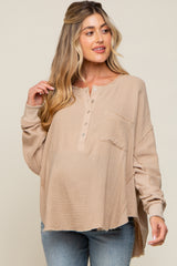 Beige Front Button Drop Shoulder Long Sleeve Maternity Top