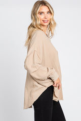 Beige Front Button Drop Shoulder Long Sleeve Top