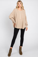 Beige Front Button Drop Shoulder Long Sleeve Top