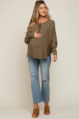 Olive Front Button Drop Shoulder Long Sleeve Maternity Top