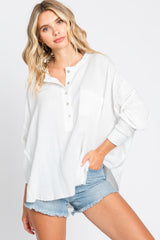 White Front Button Drop Shoulder Long Sleeve Top